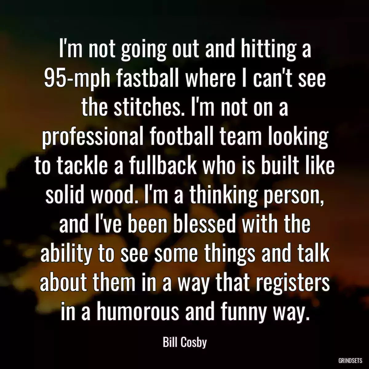 I\'m not going out and hitting a 95-mph fastball where I can\'t see the stitches. I\'m not on a professional football team looking to tackle a fullback who is built like solid wood. I\'m a thinking person, and I\'ve been blessed with the ability to see some things and talk about them in a way that registers in a humorous and funny way.