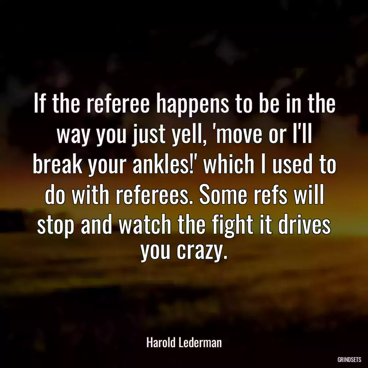 If the referee happens to be in the way you just yell, \'move or I\'ll break your ankles!\' which I used to do with referees. Some refs will stop and watch the fight it drives you crazy.