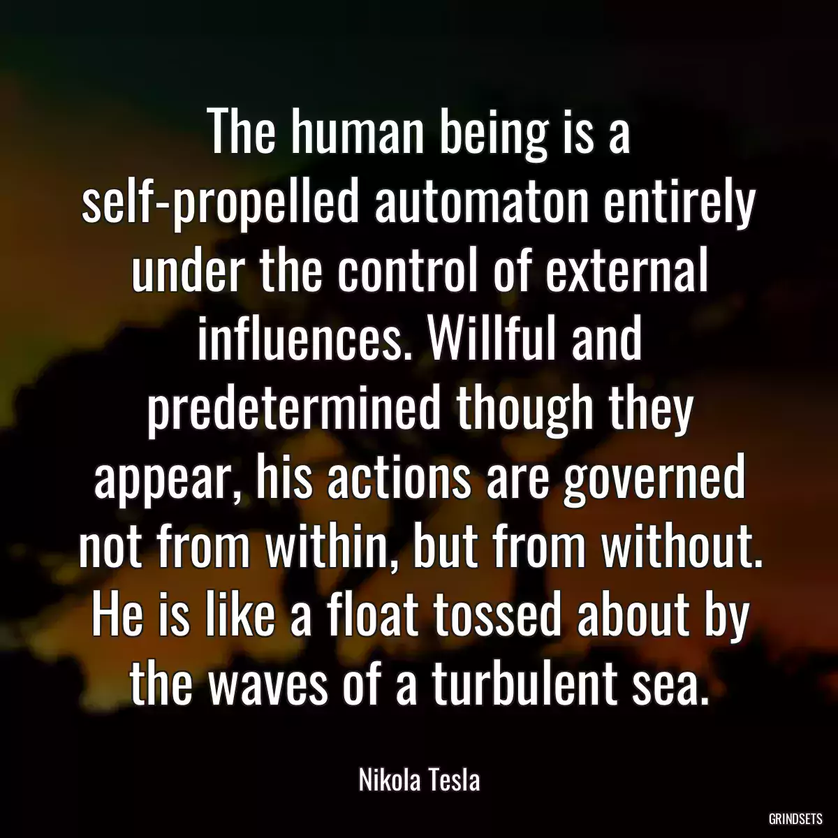 The human being is a self-propelled automaton entirely under the control of external influences. Willful and predetermined though they appear, his actions are governed not from within, but from without. He is like a float tossed about by the waves of a turbulent sea.