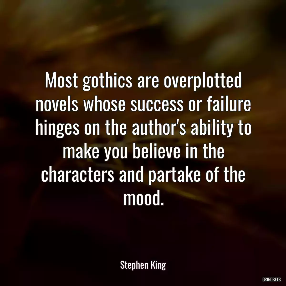 Most gothics are overplotted novels whose success or failure hinges on the author\'s ability to make you believe in the characters and partake of the mood.