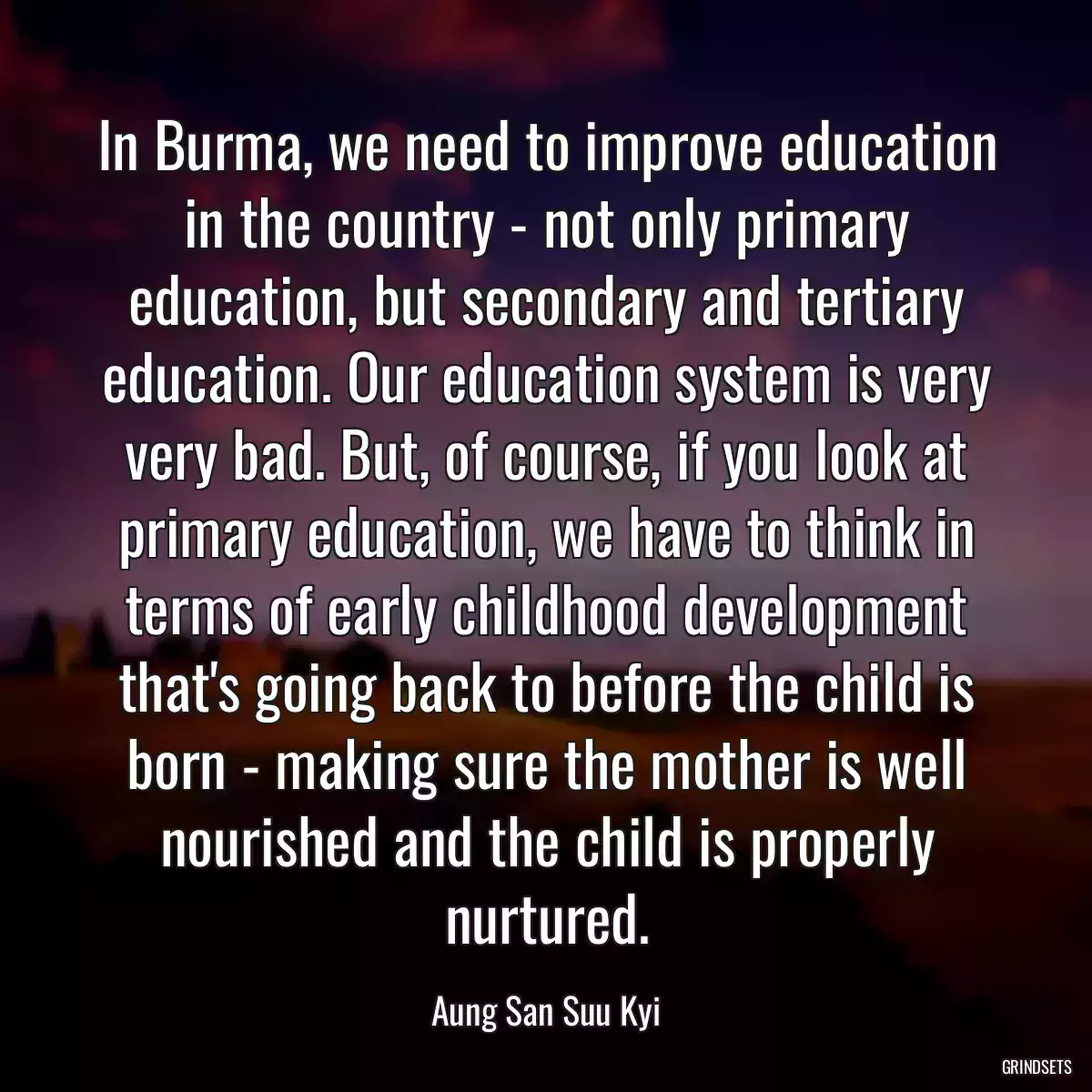 In Burma, we need to improve education in the country - not only primary education, but secondary and tertiary education. Our education system is very very bad. But, of course, if you look at primary education, we have to think in terms of early childhood development that\'s going back to before the child is born - making sure the mother is well nourished and the child is properly nurtured.