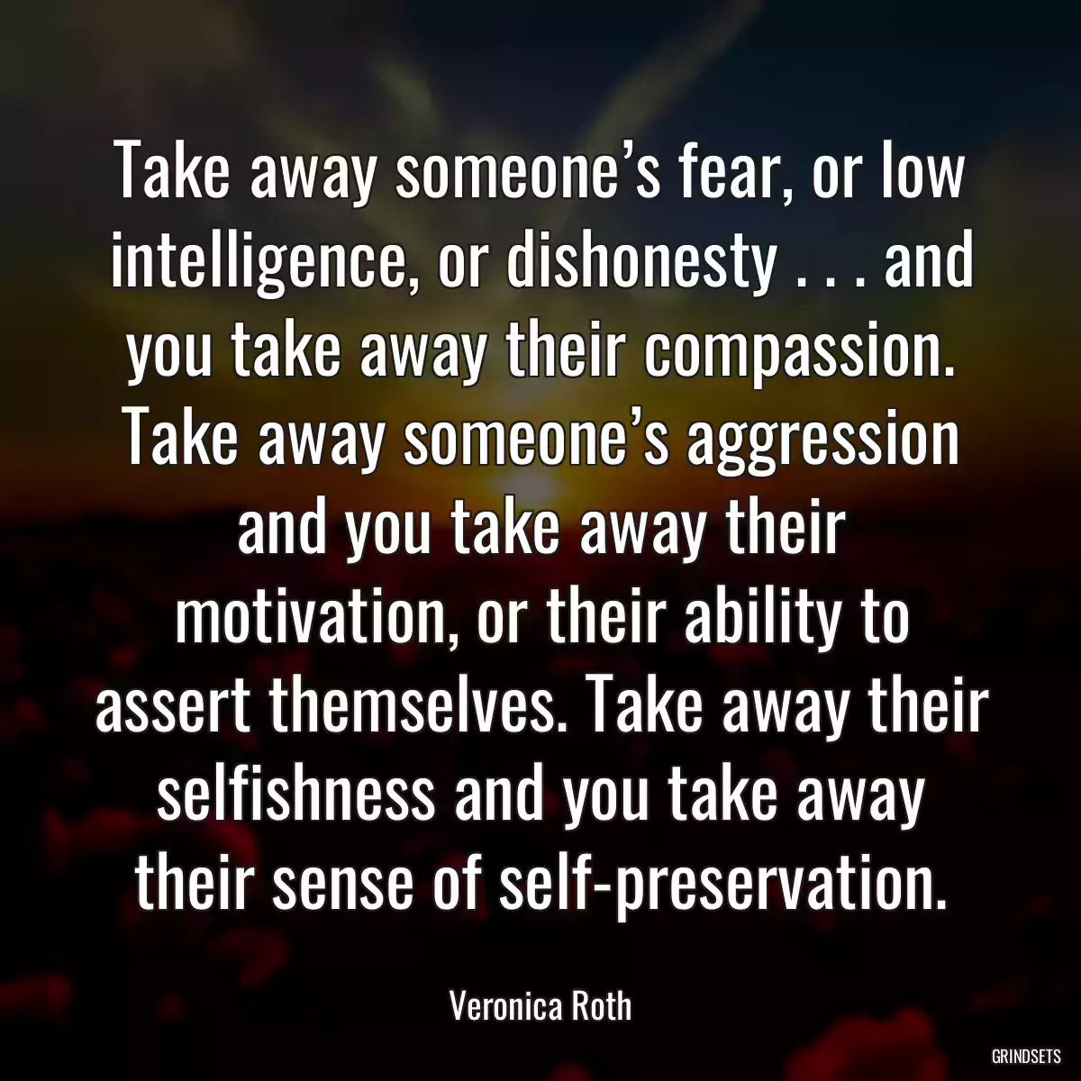 Take away someone’s fear, or low intelligence, or dishonesty . . . and you take away their compassion. Take away someone’s aggression and you take away their motivation, or their ability to assert themselves. Take away their selfishness and you take away their sense of self-preservation.