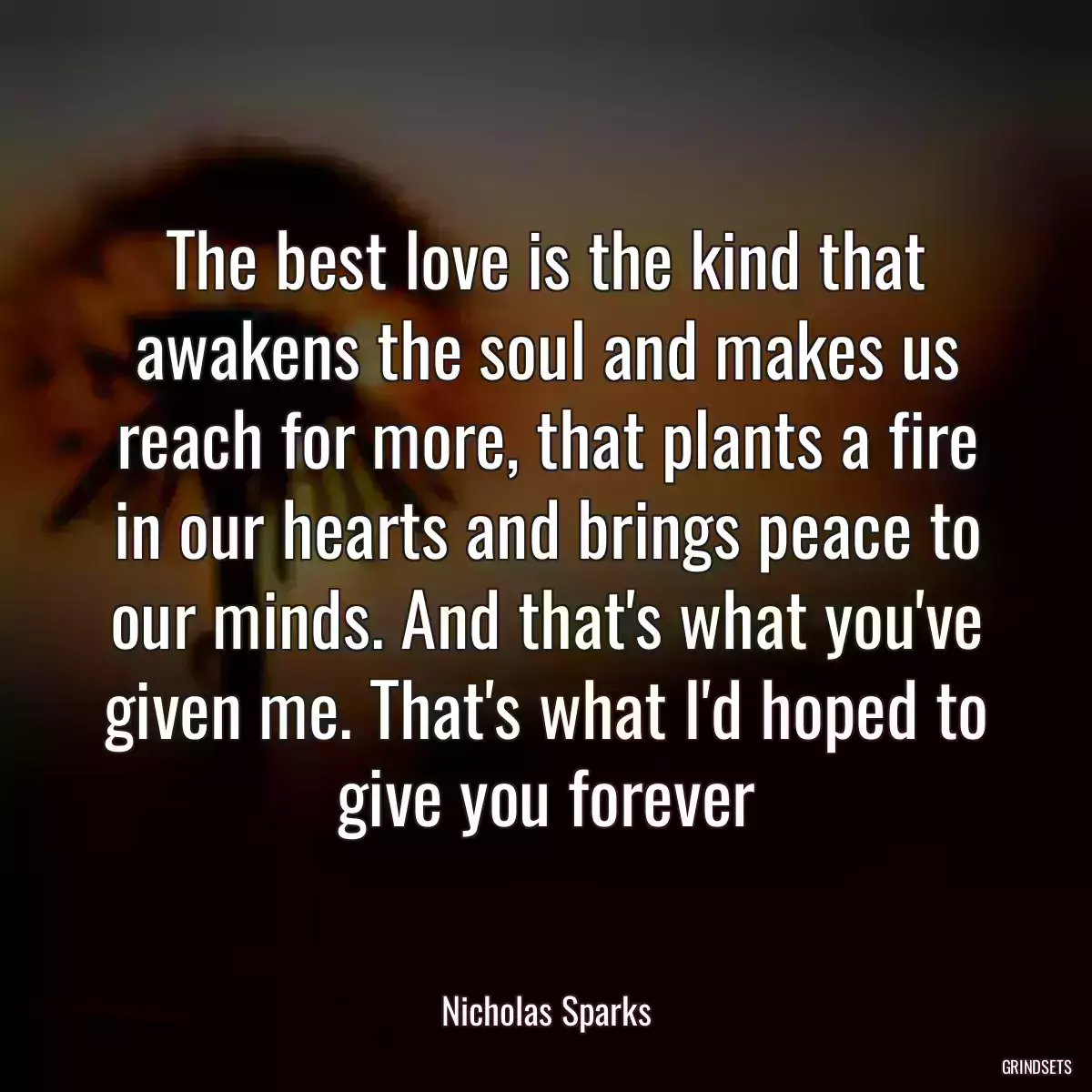 The best love is the kind that awakens the soul and makes us reach for more, that plants a fire in our hearts and brings peace to our minds. And that\'s what you\'ve given me. That\'s what I\'d hoped to give you forever