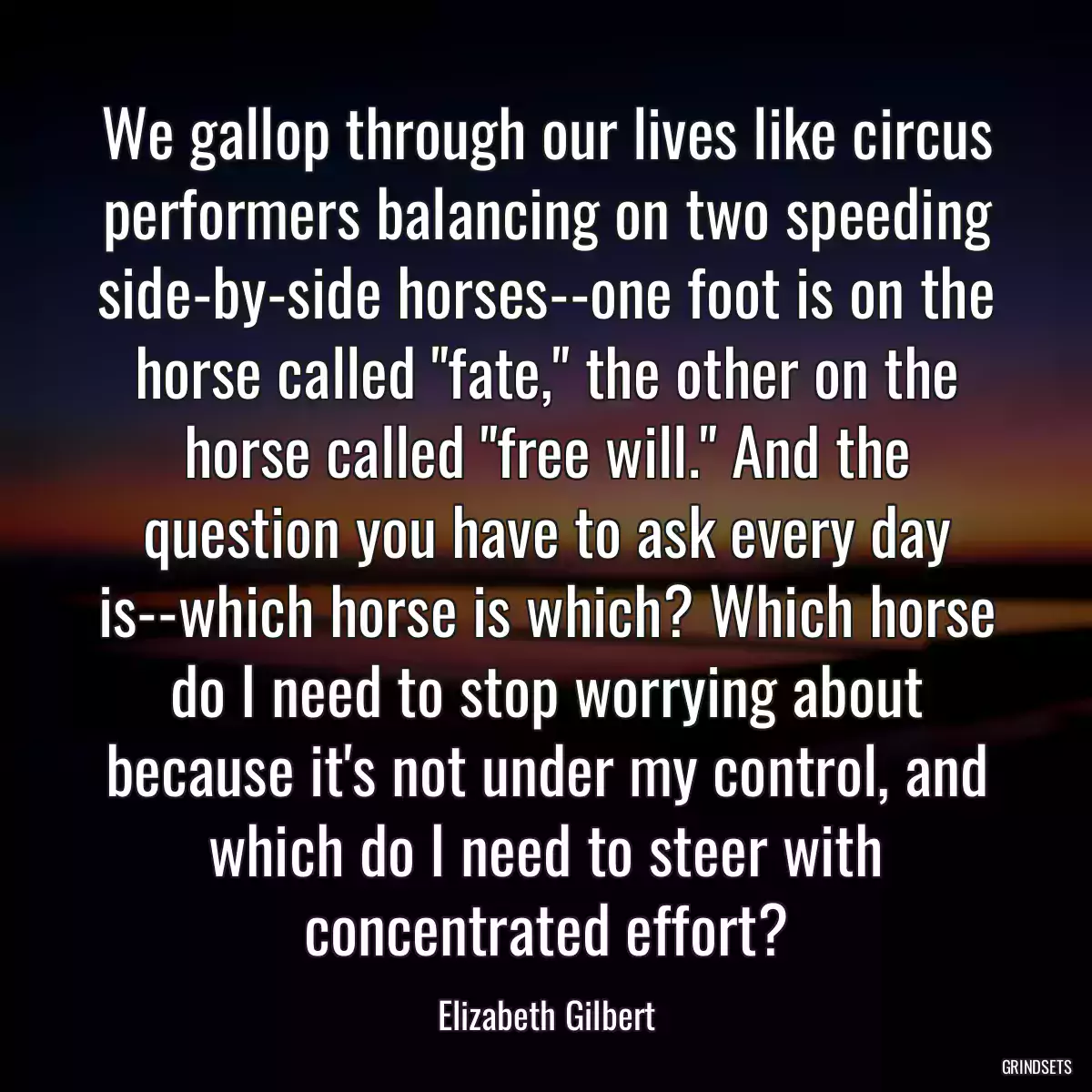 We gallop through our lives like circus performers balancing on two speeding side-by-side horses--one foot is on the horse called \