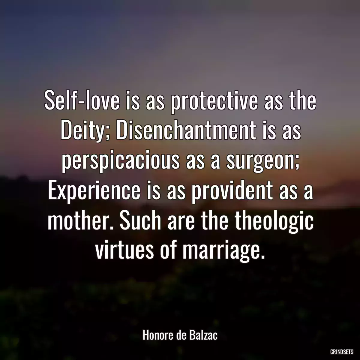 Self-love is as protective as the Deity; Disenchantment is as perspicacious as a surgeon; Experience is as provident as a mother. Such are the theologic virtues of marriage.