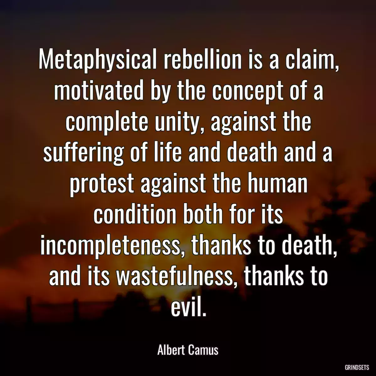 Metaphysical rebellion is a claim, motivated by the concept of a complete unity, against the suffering of life and death and a protest against the human condition both for its incompleteness, thanks to death, and its wastefulness, thanks to evil.