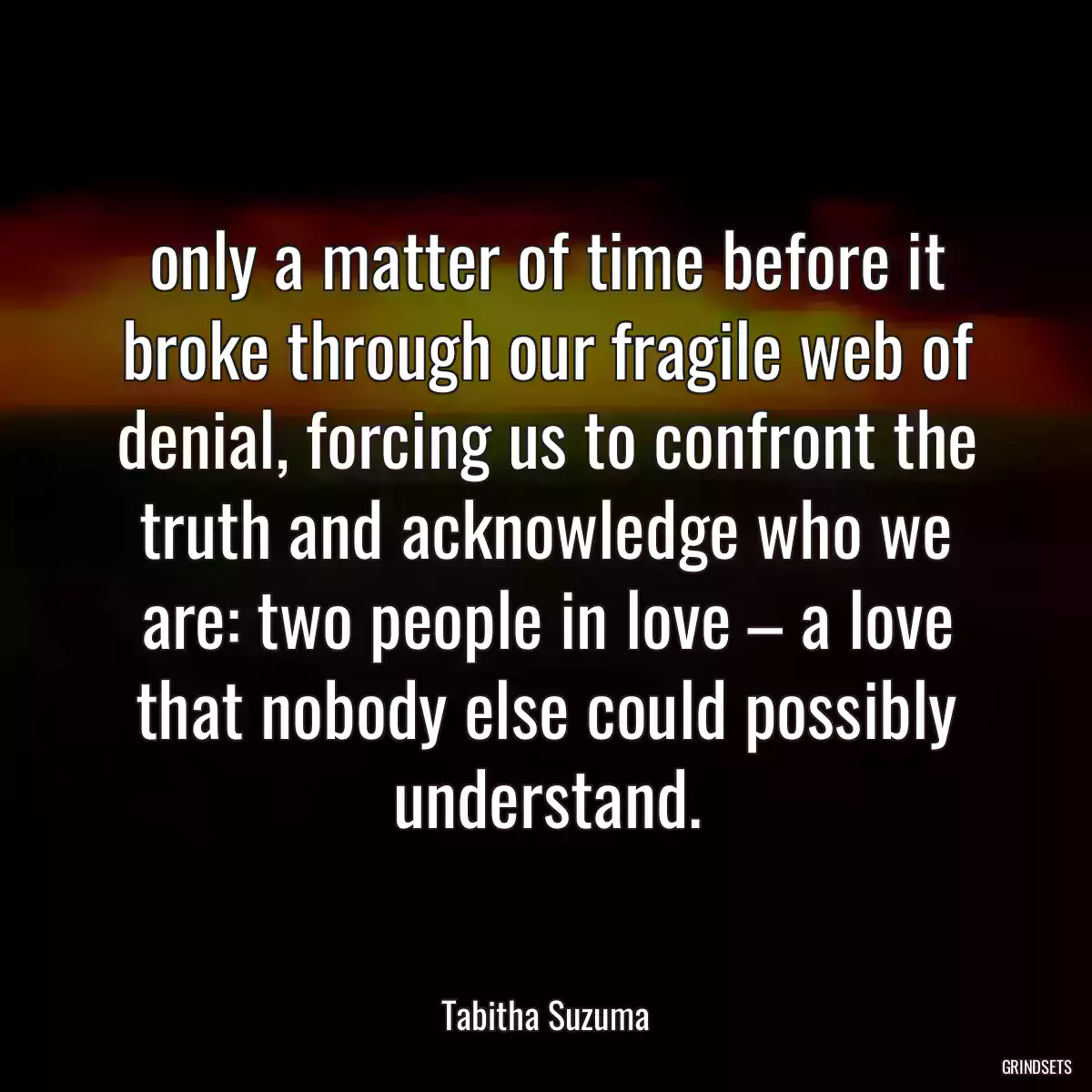 only a matter of time before it broke through our fragile web of denial, forcing us to confront the truth and acknowledge who we are: two people in love – a love that nobody else could possibly understand.