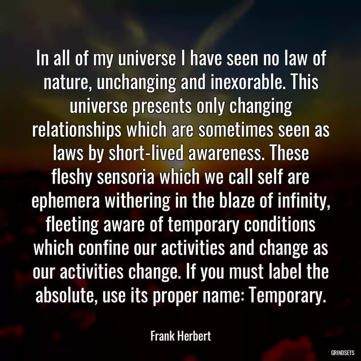 In all of my universe I have seen no law of nature, unchanging and inexorable. This universe presents only changing relationships which are sometimes seen as laws by short-lived awareness. These fleshy sensoria which we call self are ephemera withering in the blaze of infinity, fleeting aware of temporary conditions which confine our activities and change as our activities change. If you must label the absolute, use its proper name: Temporary.