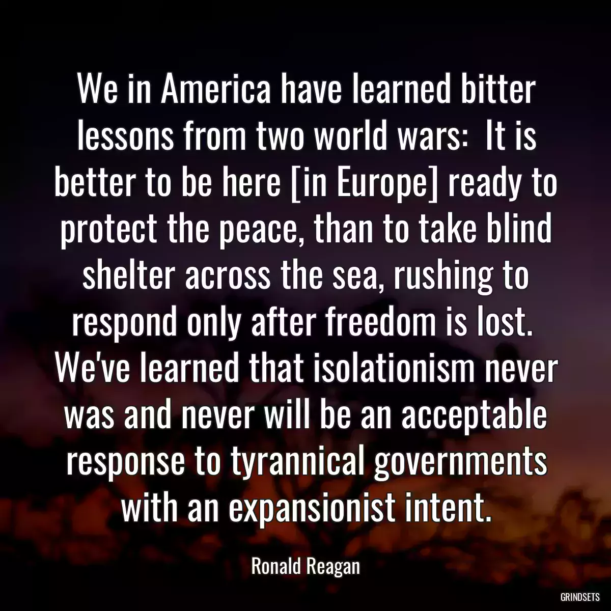 We in America have learned bitter lessons from two world wars:  It is better to be here [in Europe] ready to protect the peace, than to take blind shelter across the sea, rushing to respond only after freedom is lost.  We\'ve learned that isolationism never was and never will be an acceptable response to tyrannical governments with an expansionist intent.