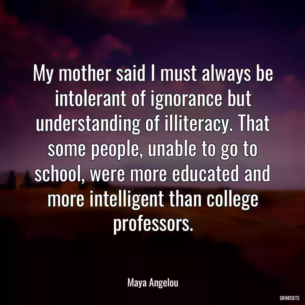 My mother said I must always be intolerant of ignorance but understanding of illiteracy. That some people, unable to go to school, were more educated and more intelligent than college professors.