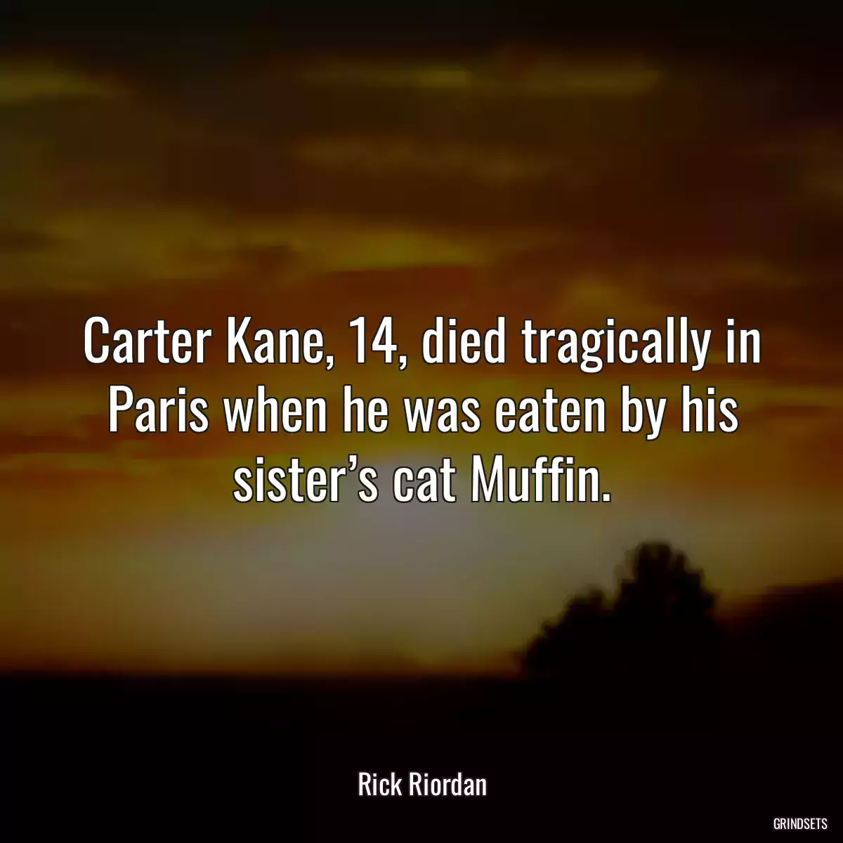 Carter Kane, 14, died tragically in Paris when he was eaten by his sister’s cat Muffin.