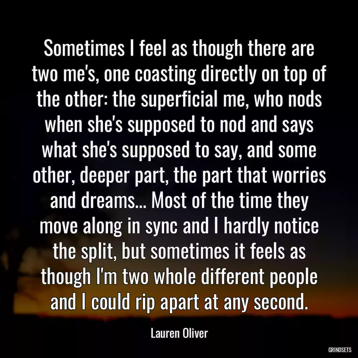 Sometimes I feel as though there are two me\'s, one coasting directly on top of the other: the superficial me, who nods when she\'s supposed to nod and says what she\'s supposed to say, and some other, deeper part, the part that worries and dreams... Most of the time they move along in sync and I hardly notice the split, but sometimes it feels as though I\'m two whole different people and I could rip apart at any second.