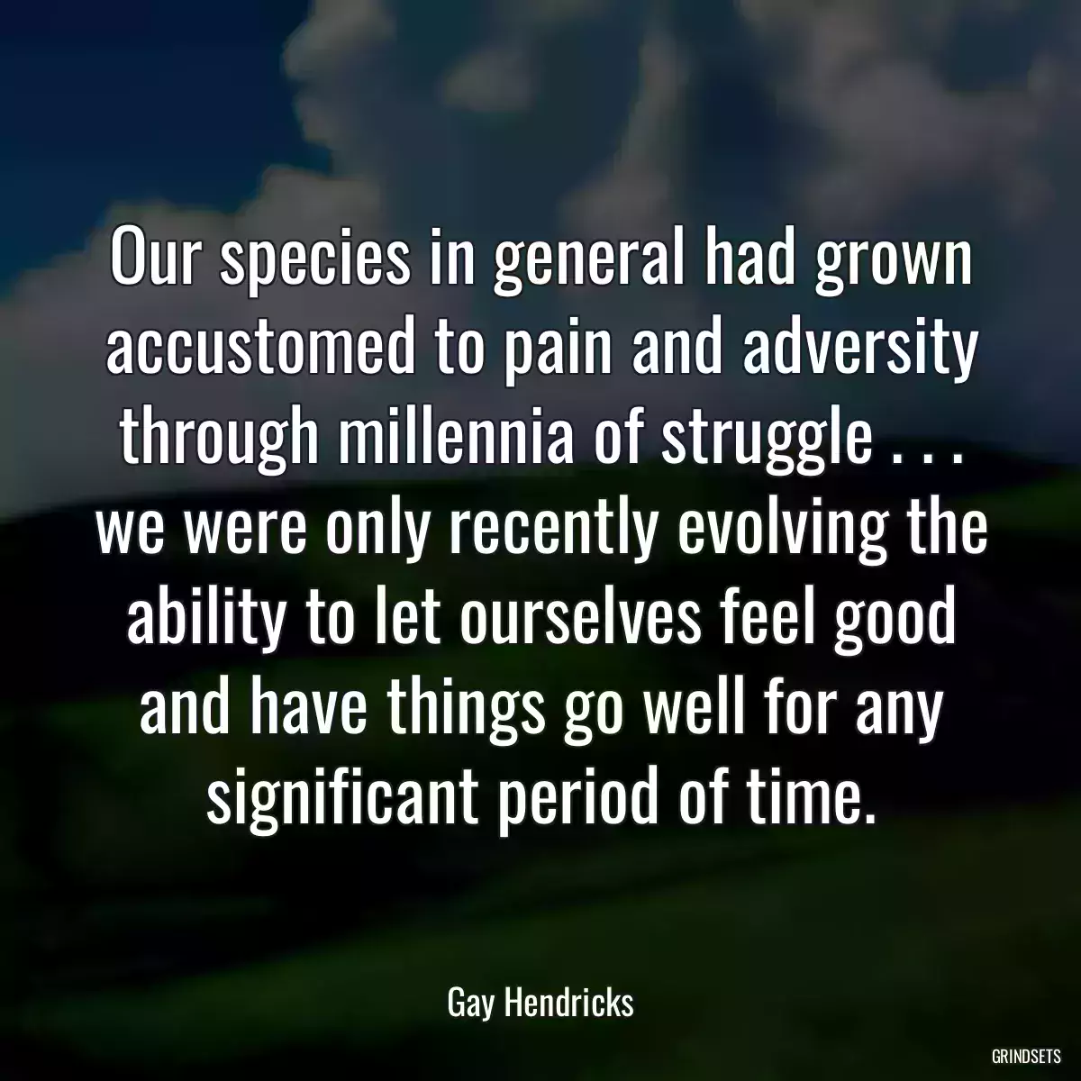 Our species in general had grown accustomed to pain and adversity through millennia of struggle . . . we were only recently evolving the ability to let ourselves feel good and have things go well for any significant period of time.