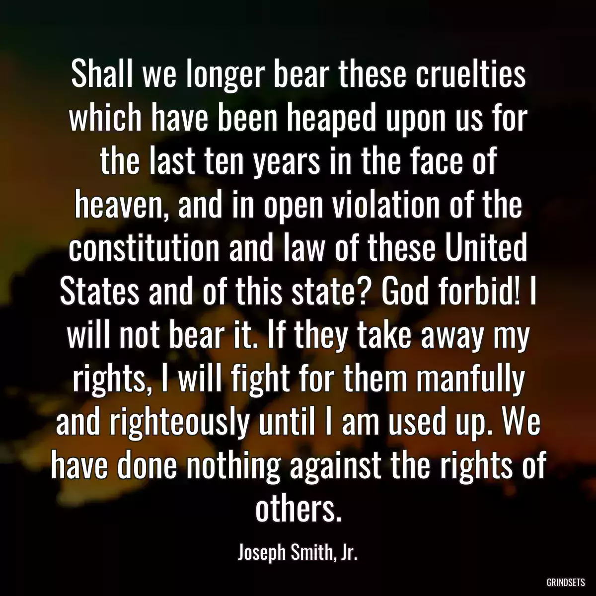 Shall we longer bear these cruelties which have been heaped upon us for the last ten years in the face of heaven, and in open violation of the constitution and law of these United States and of this state? God forbid! I will not bear it. If they take away my rights, I will fight for them manfully and righteously until I am used up. We have done nothing against the rights of others.