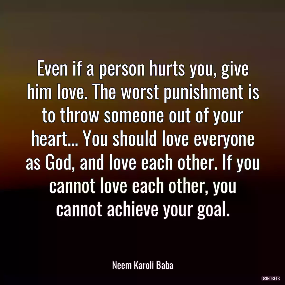 Even if a person hurts you, give him love. The worst punishment is to throw someone out of your heart... You should love everyone as God, and love each other. If you cannot love each other, you cannot achieve your goal.