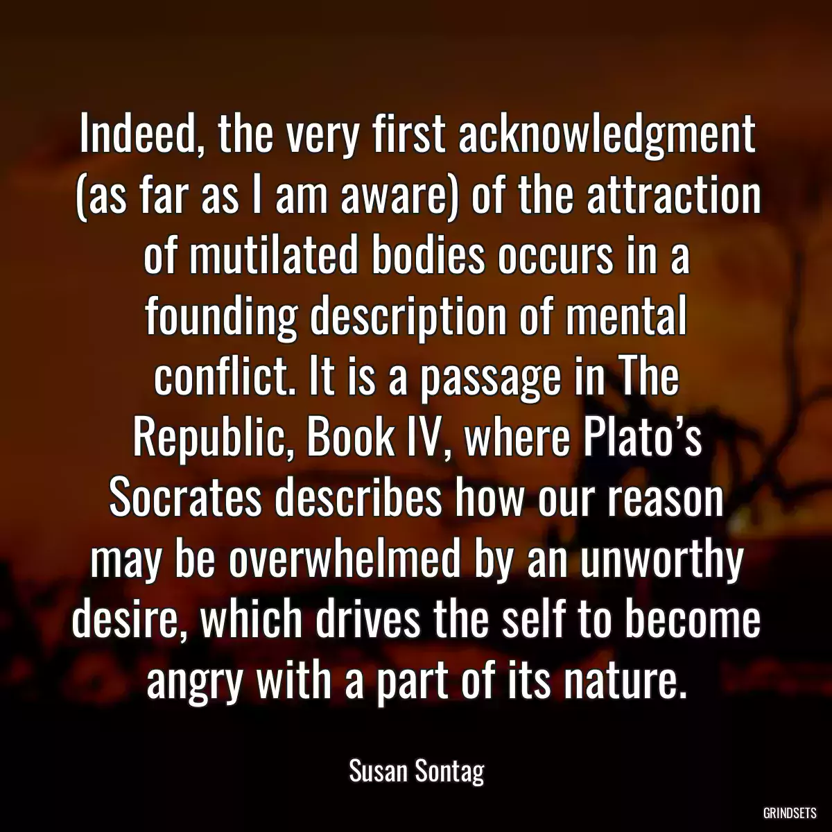 Indeed, the very first acknowledgment (as far as I am aware) of the attraction of mutilated bodies occurs in a founding description of mental conflict. It is a passage in The Republic, Book IV, where Plato’s Socrates describes how our reason may be overwhelmed by an unworthy desire, which drives the self to become angry with a part of its nature.