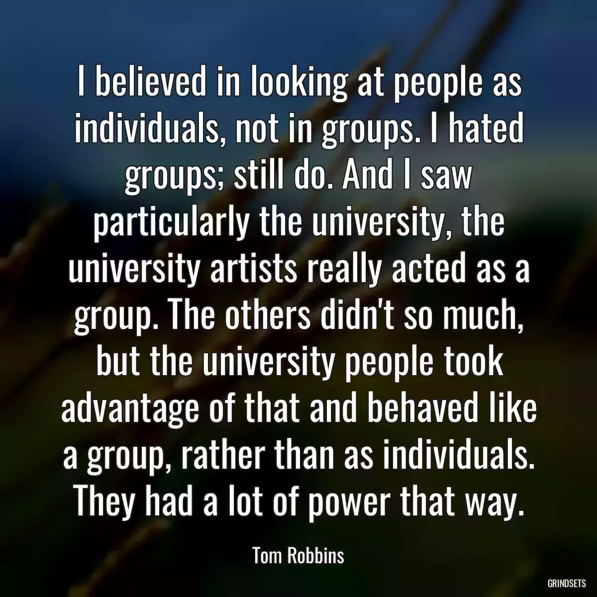 I believed in looking at people as individuals, not in groups. I hated groups; still do. And I saw particularly the university, the university artists really acted as a group. The others didn\'t so much, but the university people took advantage of that and behaved like a group, rather than as individuals. They had a lot of power that way.