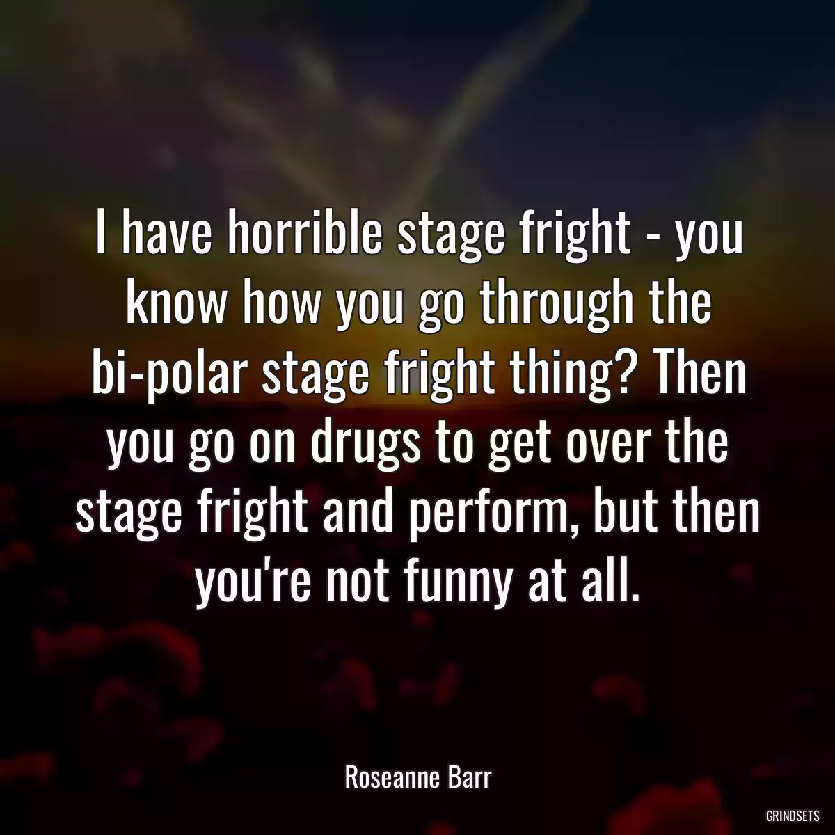 I have horrible stage fright - you know how you go through the bi-polar stage fright thing? Then you go on drugs to get over the stage fright and perform, but then you\'re not funny at all.