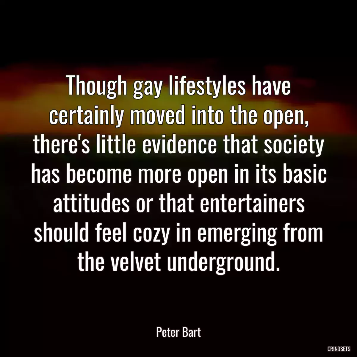 Though gay lifestyles have certainly moved into the open, there\'s little evidence that society has become more open in its basic attitudes or that entertainers should feel cozy in emerging from the velvet underground.