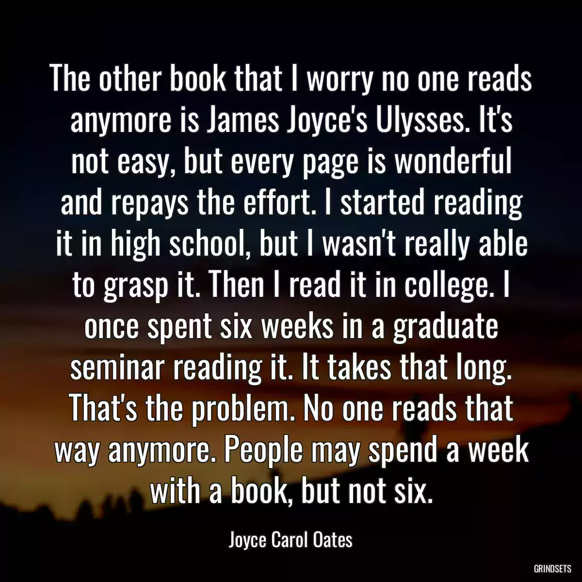 The other book that I worry no one reads anymore is James Joyce\'s Ulysses. It\'s not easy, but every page is wonderful and repays the effort. I started reading it in high school, but I wasn\'t really able to grasp it. Then I read it in college. I once spent six weeks in a graduate seminar reading it. It takes that long. That\'s the problem. No one reads that way anymore. People may spend a week with a book, but not six.