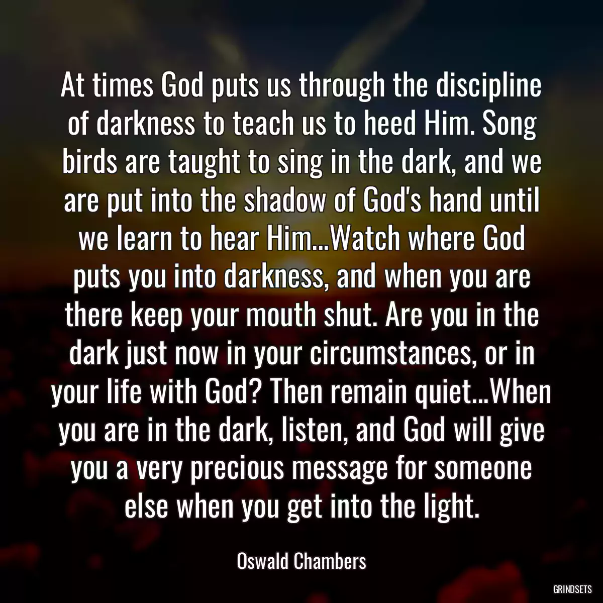 At times God puts us through the discipline of darkness to teach us to heed Him. Song birds are taught to sing in the dark, and we are put into the shadow of God\'s hand until we learn to hear Him...Watch where God puts you into darkness, and when you are there keep your mouth shut. Are you in the dark just now in your circumstances, or in your life with God? Then remain quiet...When you are in the dark, listen, and God will give you a very precious message for someone else when you get into the light.