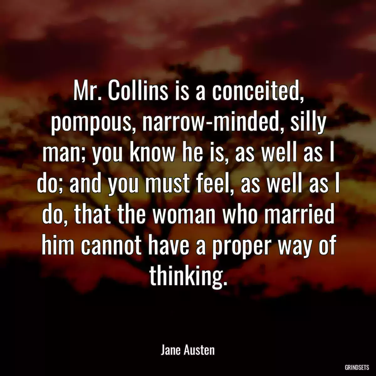 Mr. Collins is a conceited, pompous, narrow-minded, silly man; you know he is, as well as I do; and you must feel, as well as I do, that the woman who married him cannot have a proper way of thinking.