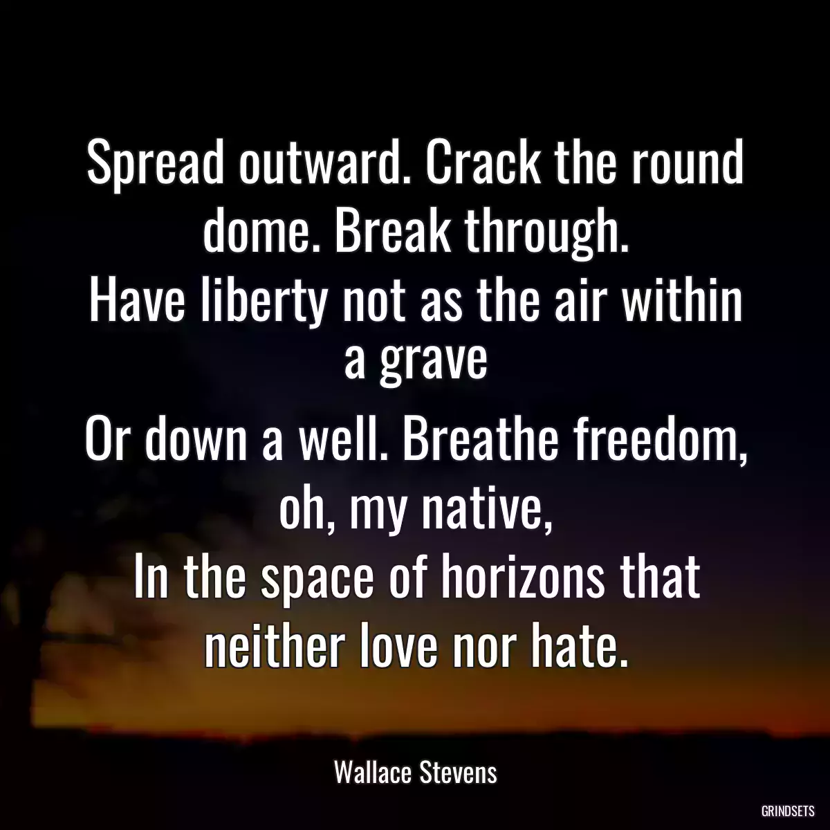 Spread outward. Crack the round dome. Break through.
Have liberty not as the air within a grave
Or down a well. Breathe freedom, oh, my native,
In the space of horizons that neither love nor hate.