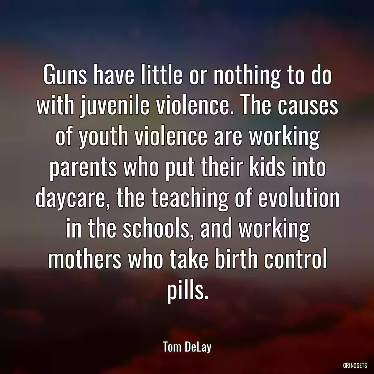 Guns have little or nothing to do with juvenile violence. The causes of youth violence are working parents who put their kids into daycare, the teaching of evolution in the schools, and working mothers who take birth control pills.