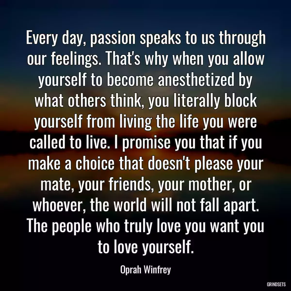 Every day, passion speaks to us through our feelings. That\'s why when you allow yourself to become anesthetized by what others think, you literally block yourself from living the life you were called to live. I promise you that if you make a choice that doesn\'t please your mate, your friends, your mother, or whoever, the world will not fall apart. The people who truly love you want you to love yourself.