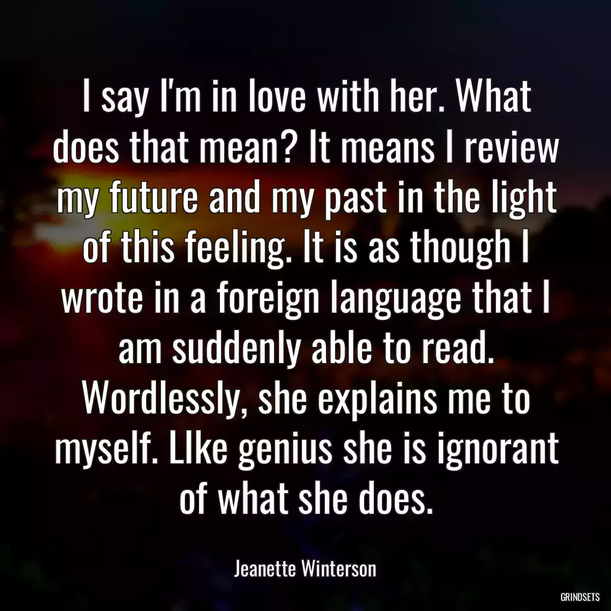 I say I\'m in love with her. What does that mean? It means I review my future and my past in the light of this feeling. It is as though I wrote in a foreign language that I am suddenly able to read. Wordlessly, she explains me to myself. LIke genius she is ignorant of what she does.