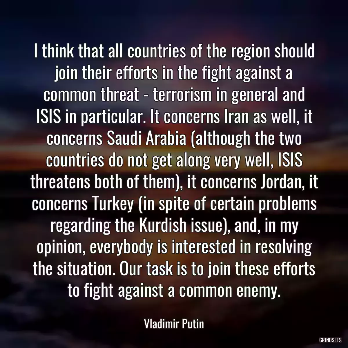 I think that all countries of the region should join their efforts in the fight against a common threat - terrorism in general and ISIS in particular. It concerns Iran as well, it concerns Saudi Arabia (although the two countries do not get along very well, ISIS threatens both of them), it concerns Jordan, it concerns Turkey (in spite of certain problems regarding the Kurdish issue), and, in my opinion, everybody is interested in resolving the situation. Our task is to join these efforts to fight against a common enemy.