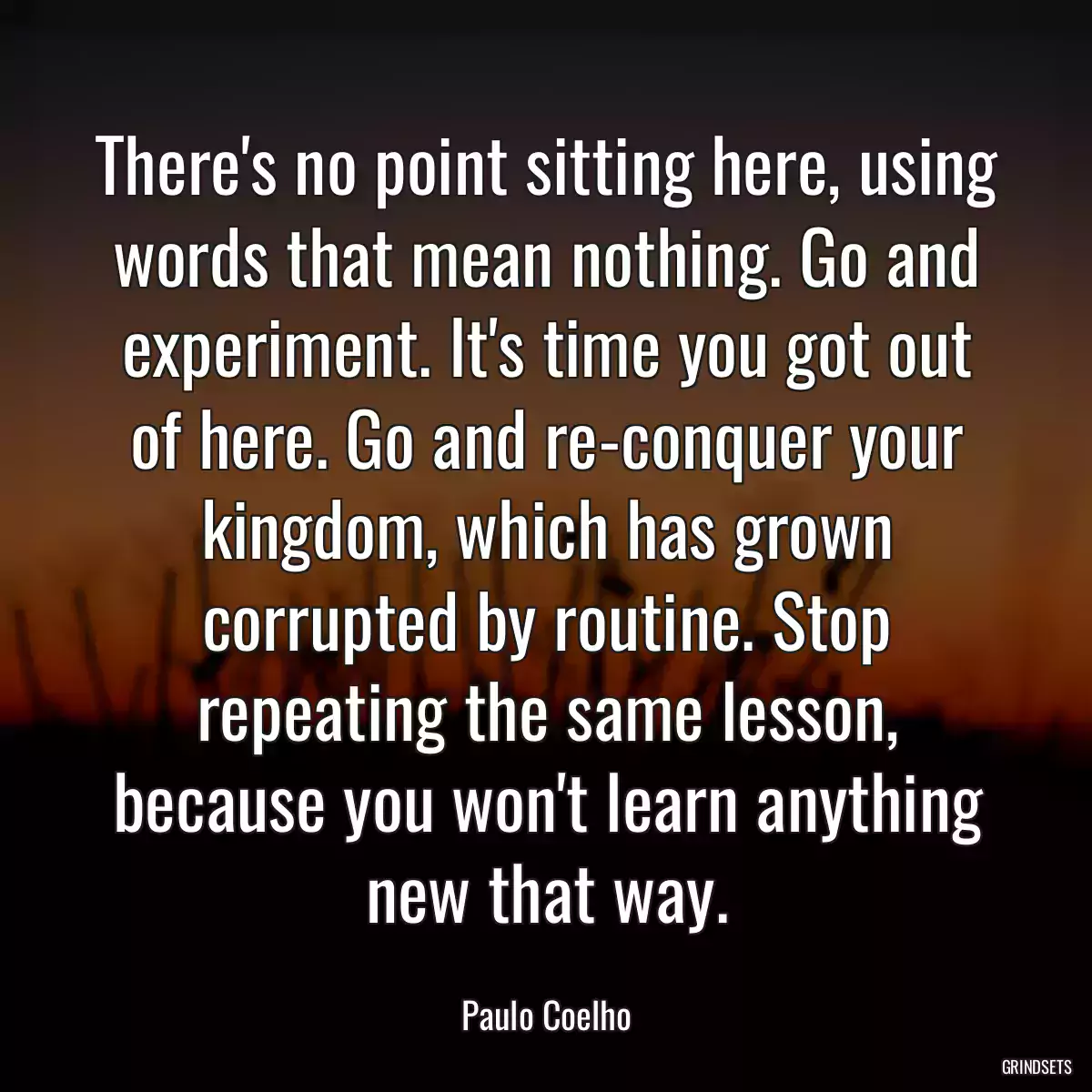 There\'s no point sitting here, using words that mean nothing. Go and experiment. It\'s time you got out of here. Go and re-conquer your kingdom, which has grown corrupted by routine. Stop repeating the same lesson, because you won\'t learn anything new that way.