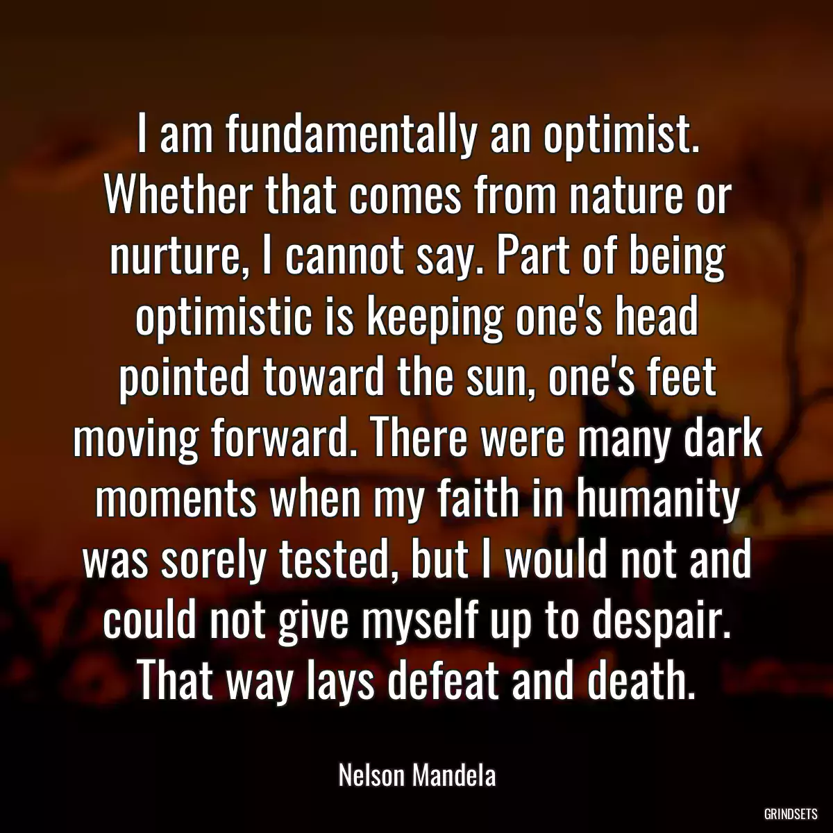 I am fundamentally an optimist. Whether that comes from nature or nurture, I cannot say. Part of being optimistic is keeping one\'s head pointed toward the sun, one\'s feet moving forward. There were many dark moments when my faith in humanity was sorely tested, but I would not and could not give myself up to despair. That way lays defeat and death.