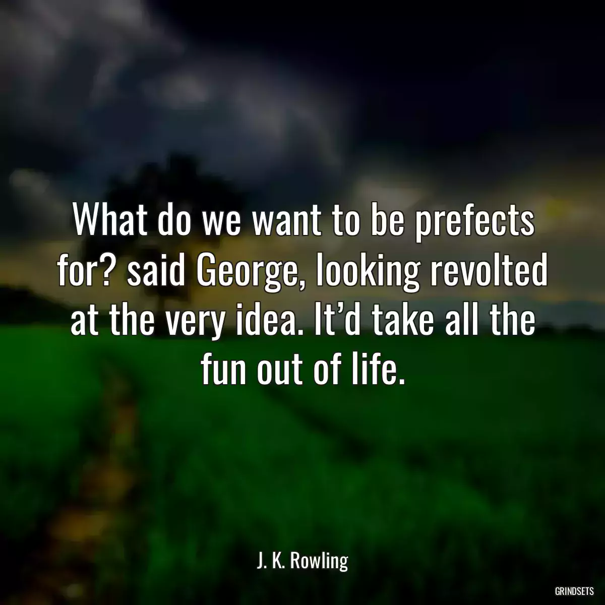 What do we want to be prefects for? said George, looking revolted at the very idea. It’d take all the fun out of life.