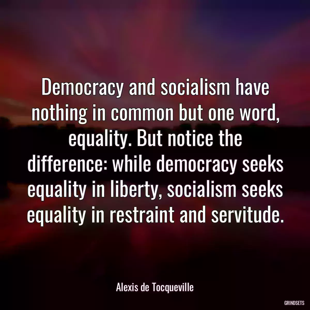 Democracy and socialism have nothing in common but one word, equality. But notice the difference: while democracy seeks equality in liberty, socialism seeks equality in restraint and servitude.