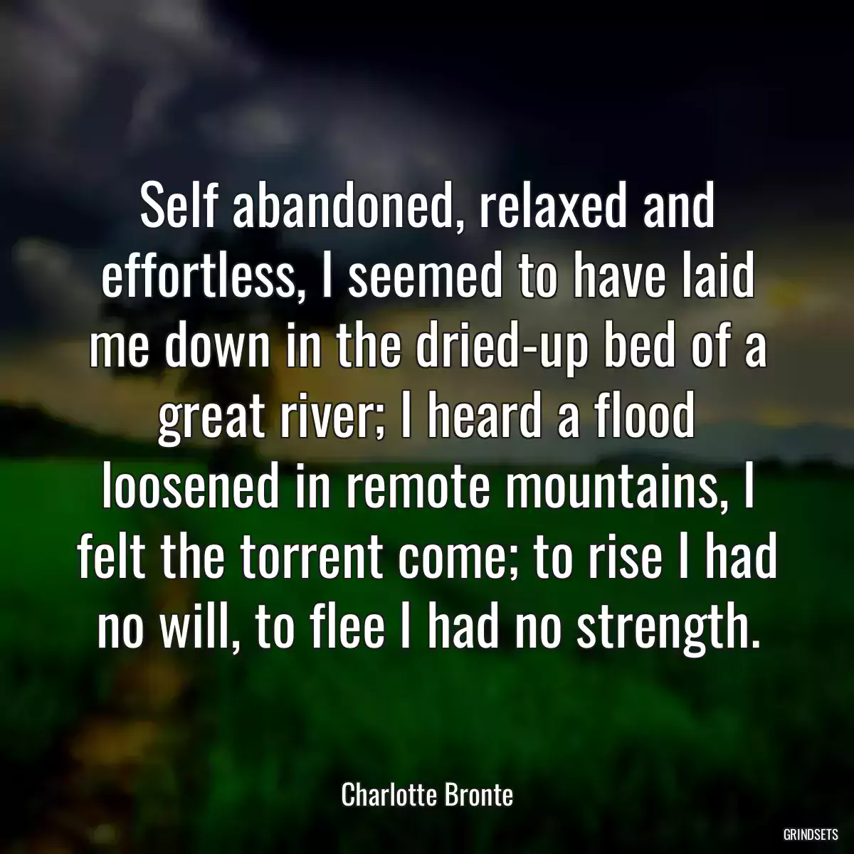 Self abandoned, relaxed and effortless, I seemed to have laid me down in the dried-up bed of a great river; I heard a flood loosened in remote mountains, I felt the torrent come; to rise I had no will, to flee I had no strength.