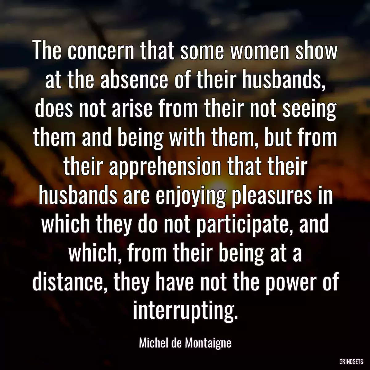 The concern that some women show at the absence of their husbands, does not arise from their not seeing them and being with them, but from their apprehension that their husbands are enjoying pleasures in which they do not participate, and which, from their being at a distance, they have not the power of interrupting.