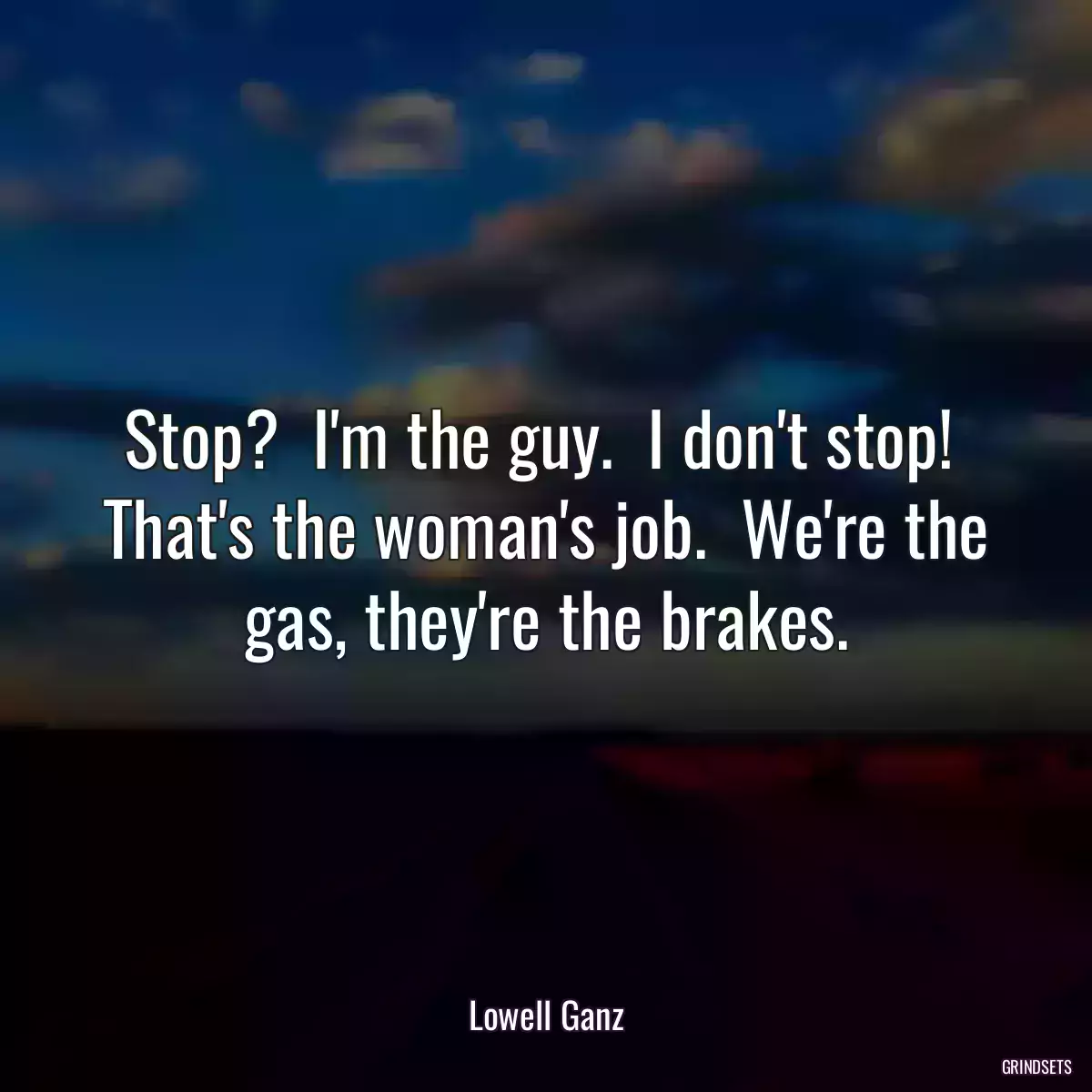 Stop?  I\'m the guy.  I don\'t stop!  That\'s the woman\'s job.  We\'re the gas, they\'re the brakes.