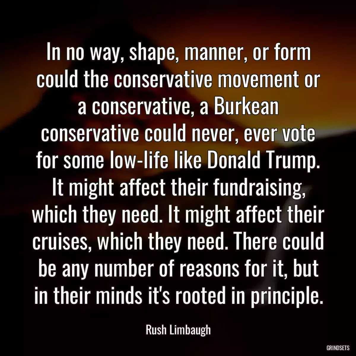 In no way, shape, manner, or form could the conservative movement or a conservative, a Burkean conservative could never, ever vote for some low-life like Donald Trump. It might affect their fundraising, which they need. It might affect their cruises, which they need. There could be any number of reasons for it, but in their minds it\'s rooted in principle.