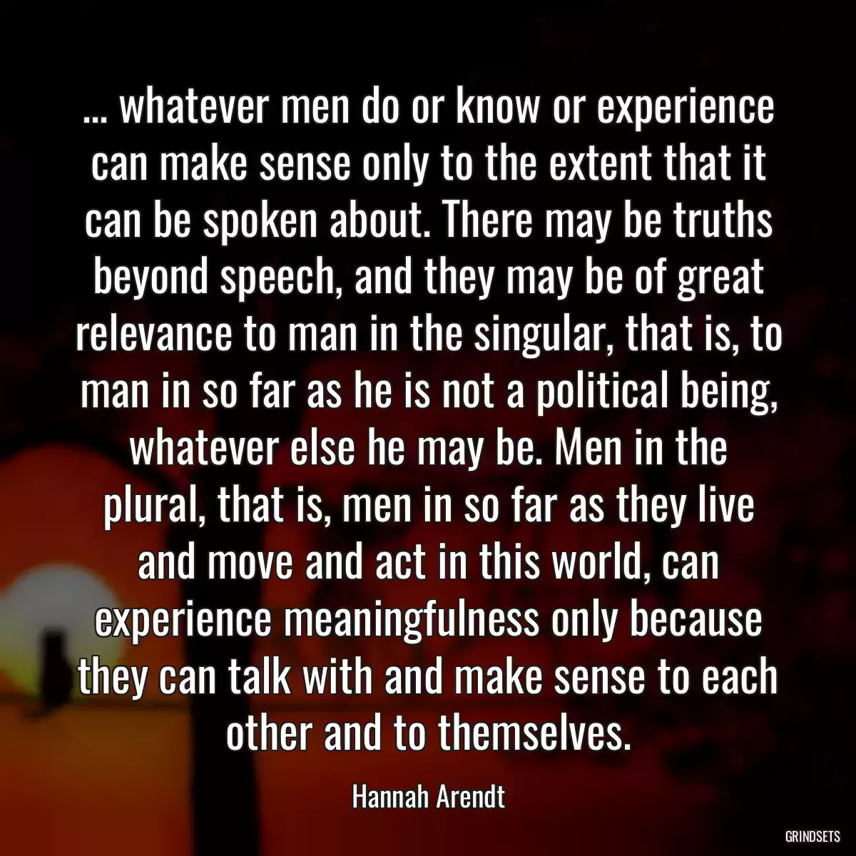 ... whatever men do or know or experience can make sense only to the extent that it can be spoken about. There may be truths beyond speech, and they may be of great relevance to man in the singular, that is, to man in so far as he is not a political being, whatever else he may be. Men in the plural, that is, men in so far as they live and move and act in this world, can experience meaningfulness only because they can talk with and make sense to each other and to themselves.