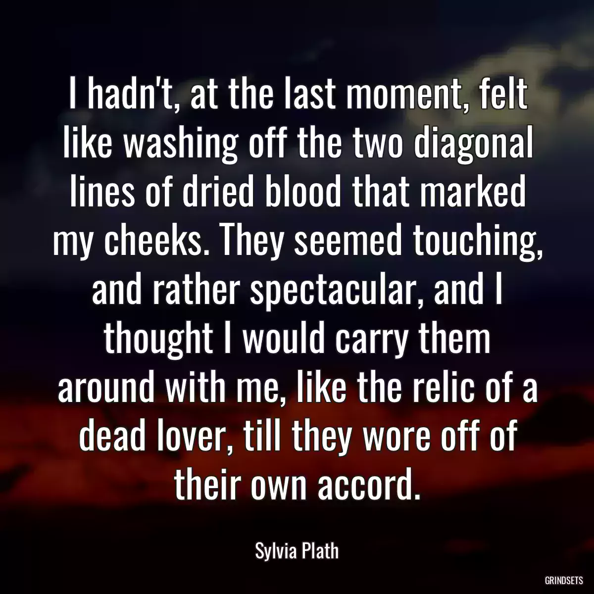 I hadn\'t, at the last moment, felt like washing off the two diagonal lines of dried blood that marked my cheeks. They seemed touching, and rather spectacular, and I thought I would carry them around with me, like the relic of a dead lover, till they wore off of their own accord.