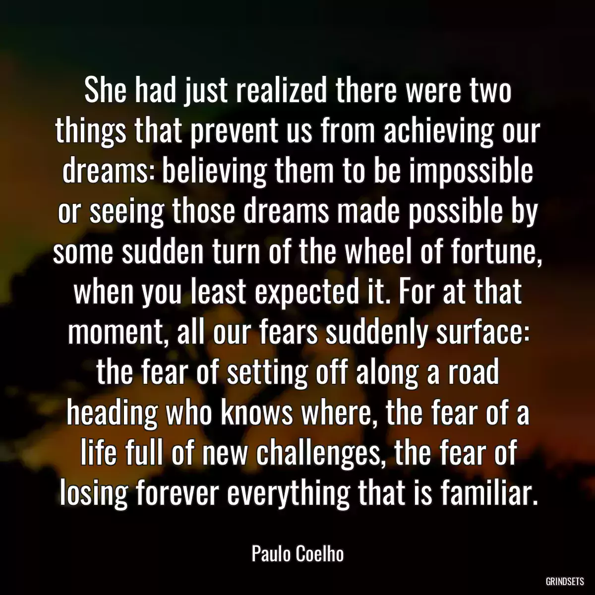 She had just realized there were two things that prevent us from achieving our dreams: believing them to be impossible or seeing those dreams made possible by some sudden turn of the wheel of fortune, when you least expected it. For at that moment, all our fears suddenly surface: the fear of setting off along a road heading who knows where, the fear of a life full of new challenges, the fear of losing forever everything that is familiar.