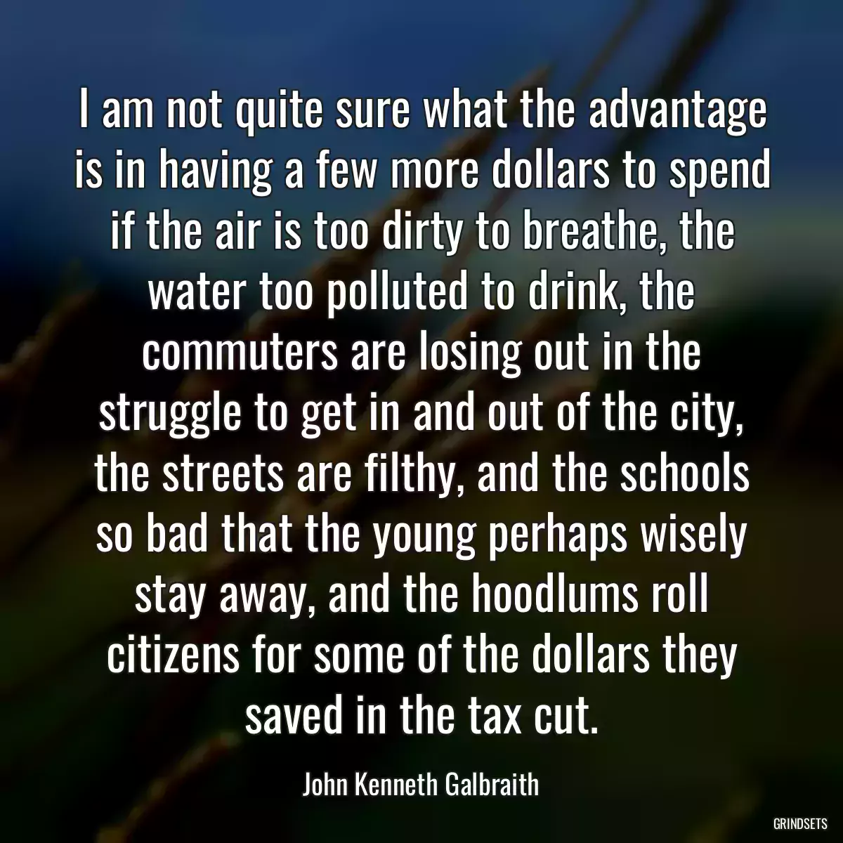 I am not quite sure what the advantage is in having a few more dollars to spend if the air is too dirty to breathe, the water too polluted to drink, the commuters are losing out in the struggle to get in and out of the city, the streets are filthy, and the schools so bad that the young perhaps wisely stay away, and the hoodlums roll citizens for some of the dollars they saved in the tax cut.