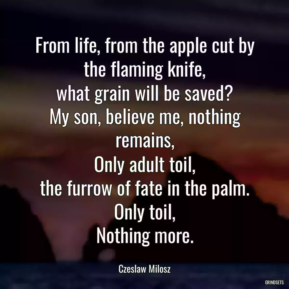 From life, from the apple cut by the flaming knife,
what grain will be saved?
My son, believe me, nothing remains,
Only adult toil,
the furrow of fate in the palm.
Only toil,
Nothing more.