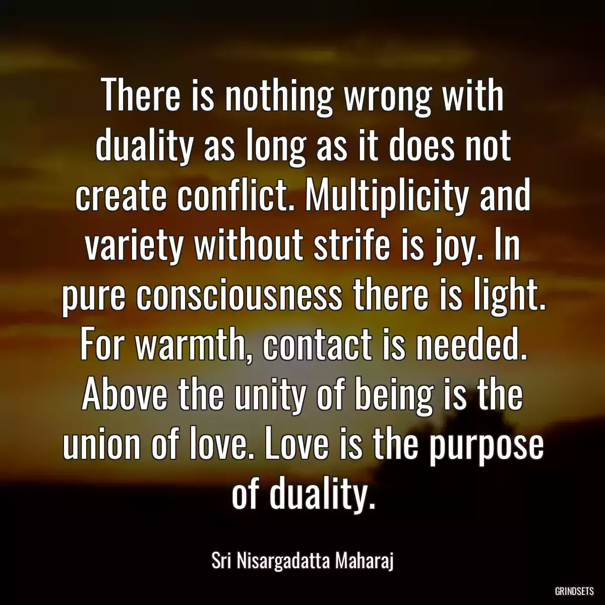 There is nothing wrong with duality as long as it does not create conflict. Multiplicity and variety without strife is joy. In pure consciousness there is light. For warmth, contact is needed. Above the unity of being is the union of love. Love is the purpose of duality.