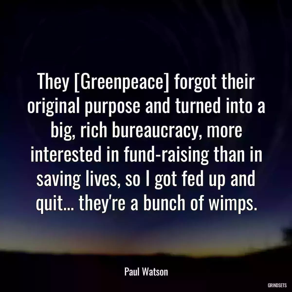 They [Greenpeace] forgot their original purpose and turned into a big, rich bureaucracy, more interested in fund-raising than in saving lives, so I got fed up and quit... they\'re a bunch of wimps.