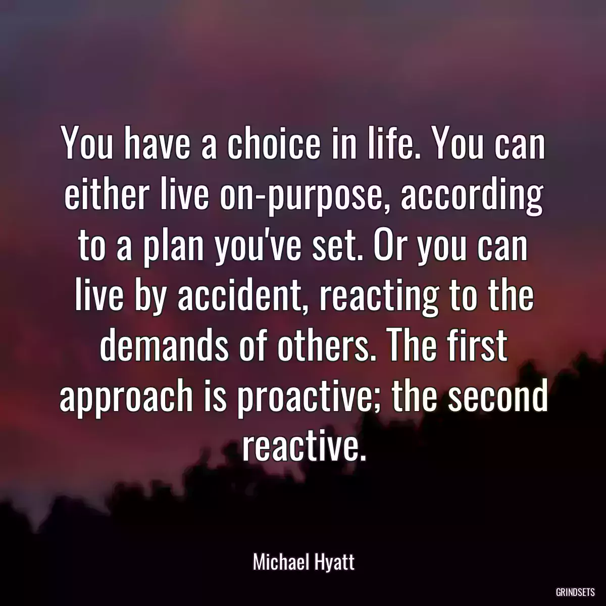 You have a choice in life. You can either live on-purpose, according to a plan you\'ve set. Or you can live by accident, reacting to the demands of others. The first approach is proactive; the second reactive.