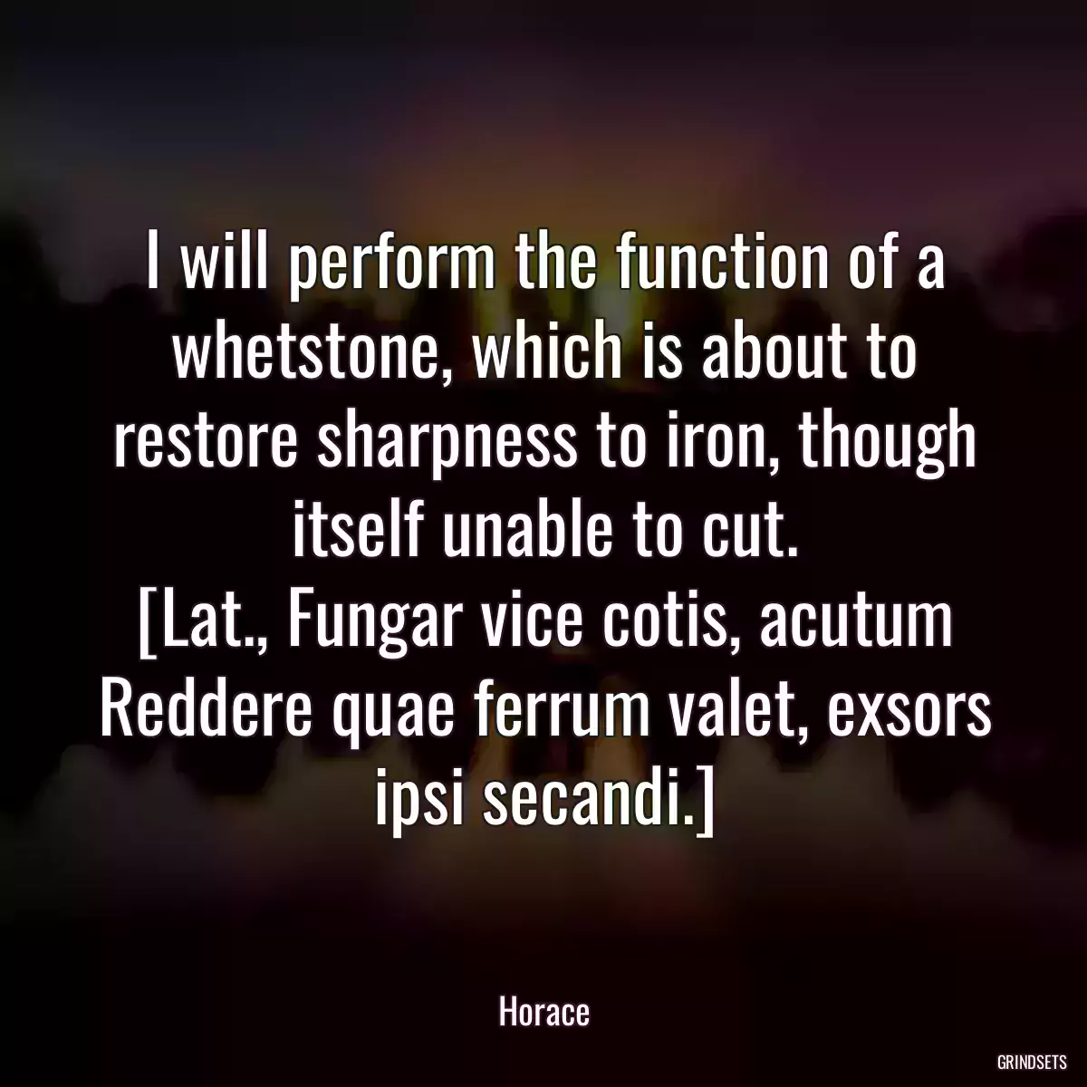 I will perform the function of a whetstone, which is about to restore sharpness to iron, though itself unable to cut.
[Lat., Fungar vice cotis, acutum
Reddere quae ferrum valet, exsors ipsi secandi.]