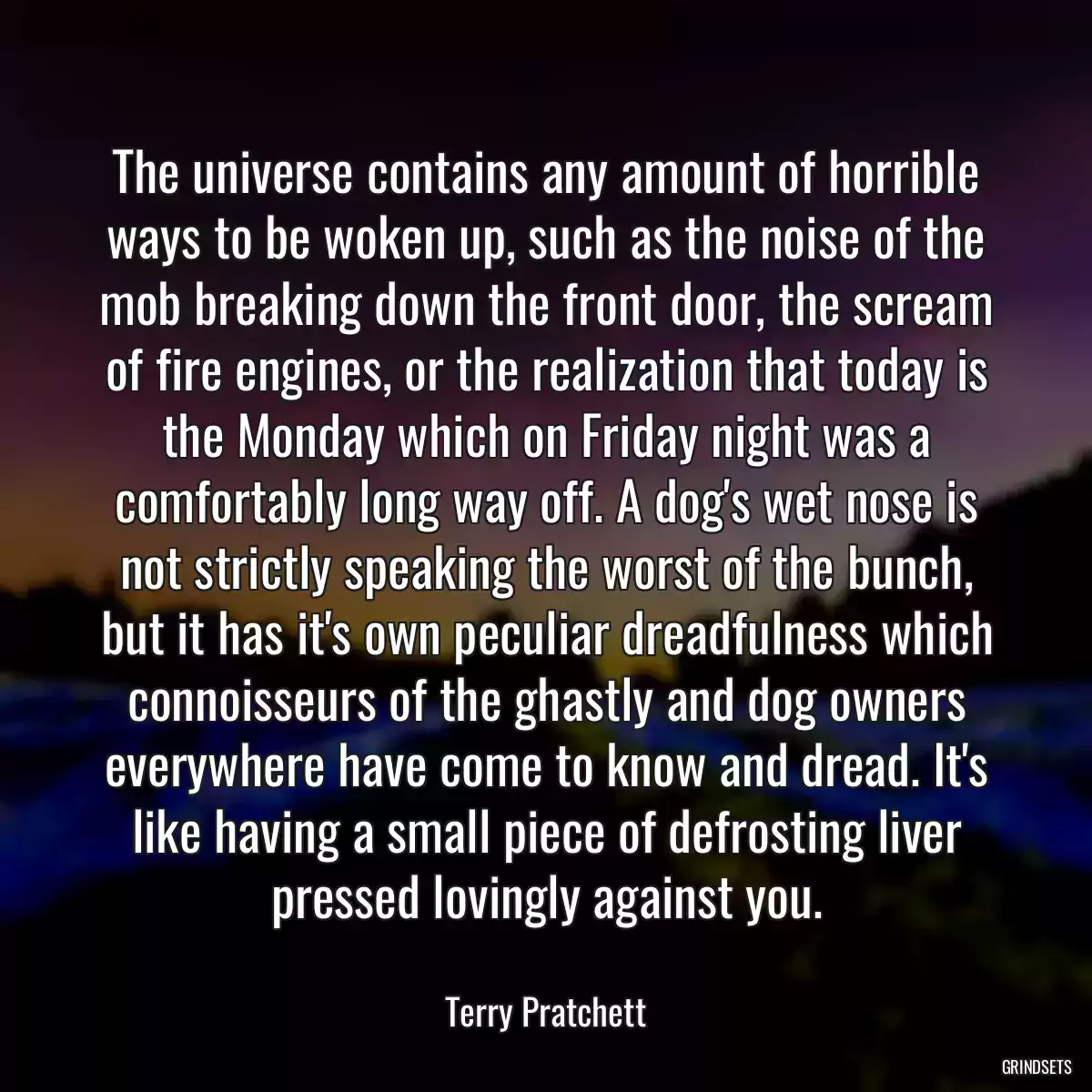 The universe contains any amount of horrible ways to be woken up, such as the noise of the mob breaking down the front door, the scream of fire engines, or the realization that today is the Monday which on Friday night was a comfortably long way off. A dog\'s wet nose is not strictly speaking the worst of the bunch, but it has it\'s own peculiar dreadfulness which connoisseurs of the ghastly and dog owners everywhere have come to know and dread. It\'s like having a small piece of defrosting liver pressed lovingly against you.