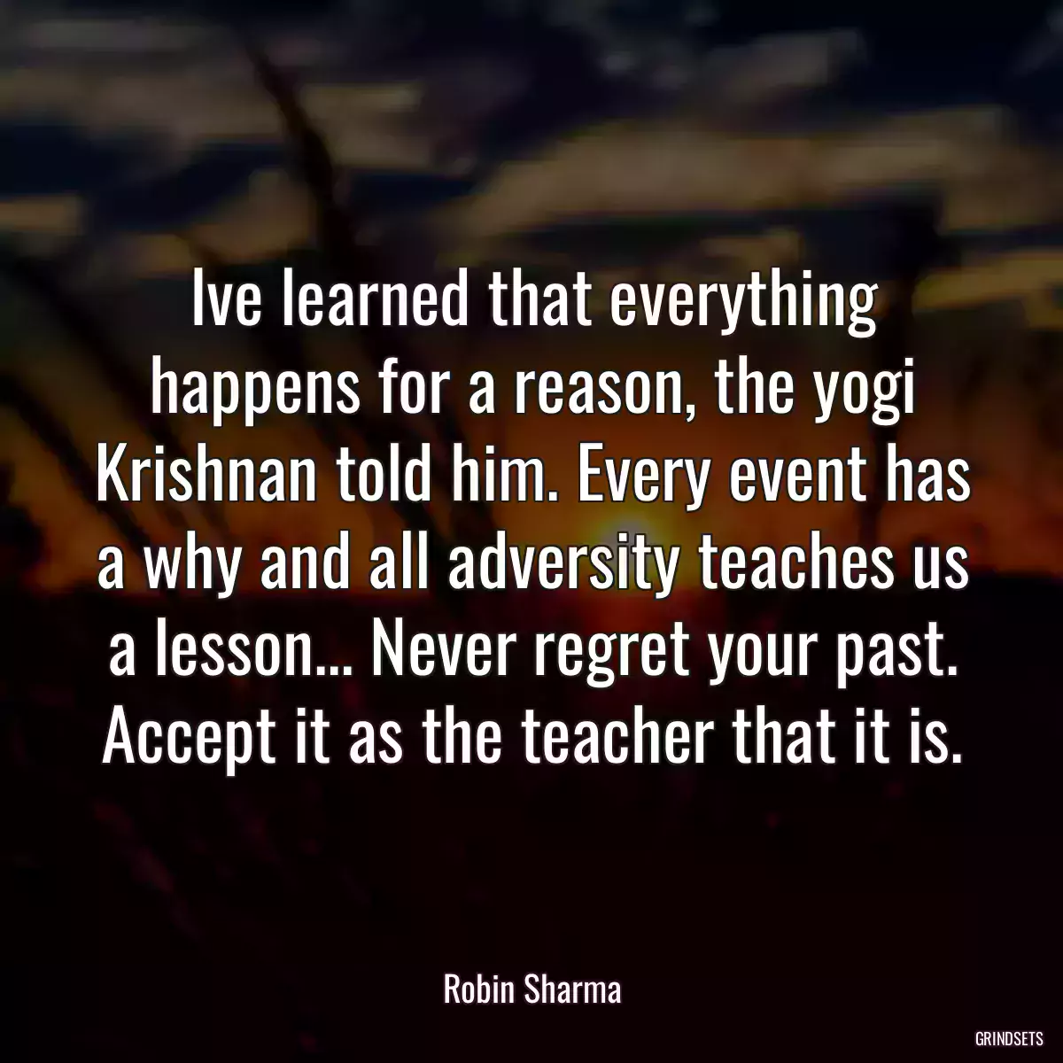 Ive learned that everything happens for a reason, the yogi Krishnan told him. Every event has a why and all adversity teaches us a lesson... Never regret your past. Accept it as the teacher that it is.